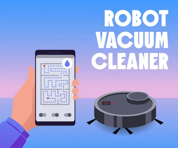 Robot Vacuum Cleaner Dikendalikan Dari Jarak Jauh Oleh Spanduk Aplikasi - Stok Vektor