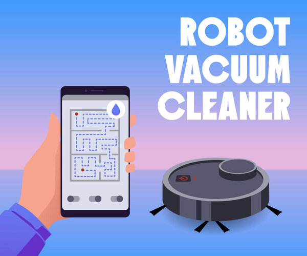 Robot vacuum cleaner remotely controlled by mobile app banner or poster mockup, flat vector illustration. Robotic vacuum cleaner household technology banner.