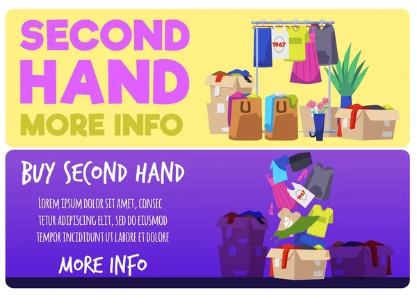 Second Hand Shops Web Banner Set Flache Vektorillustration Kartons Und — Stockvektor
