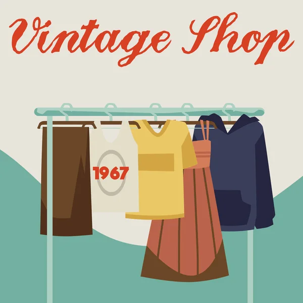 Vintage Shop Werbeplakatvorlage Flache Vektorillustration Altmodische Kleidung Hängt Kleiderbügel Banner — Stockvektor
