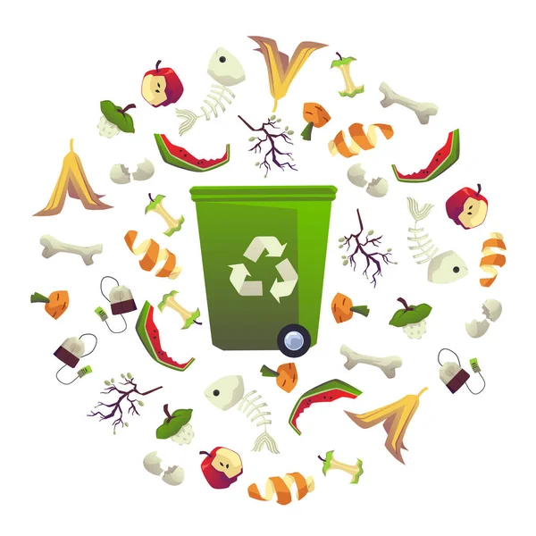 堆放食物及剩饭的垃圾箱 供收集垃圾之用 环境和自然资源 白色背景上孤立的平面矢量图 — 图库矢量图片