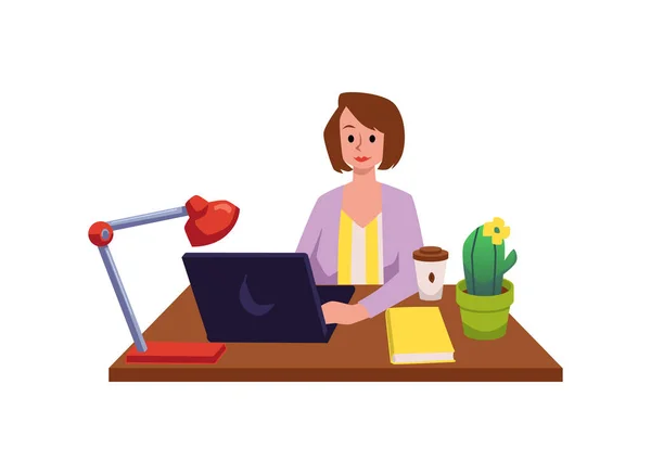 Vrouw Werkt Een Laptop Aan Een Bureau Platte Vectorillustratie Geïsoleerd — Stockvector
