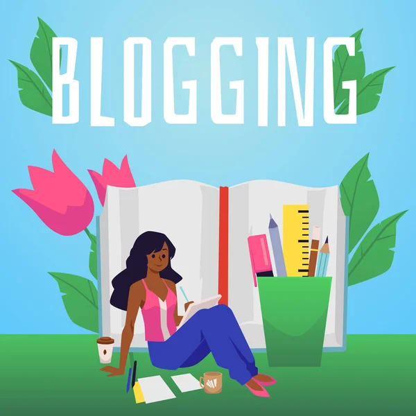 Blogolás Tartalom Létrehozása Közösségi Média Banner Vagy Poszter Koncepció Női — Stock Vector