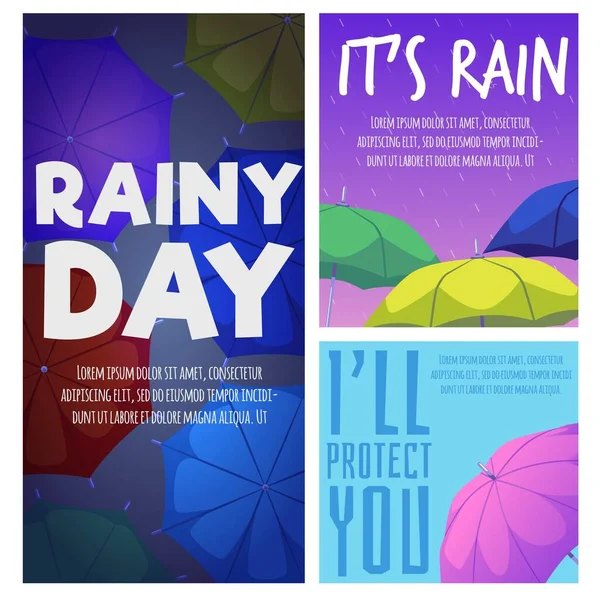 Posters Set Concepts Rainy Days Umbrella Flat Vector Illustration Various — Stock Vector