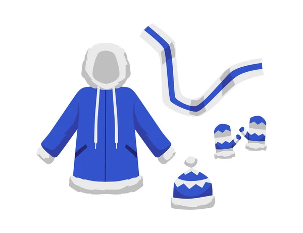 冬季冷防护服设置平面矢量图解隔离在白色背景 穿着保暖夹克的时尚风貌和冬季服装系列 — 图库矢量图片