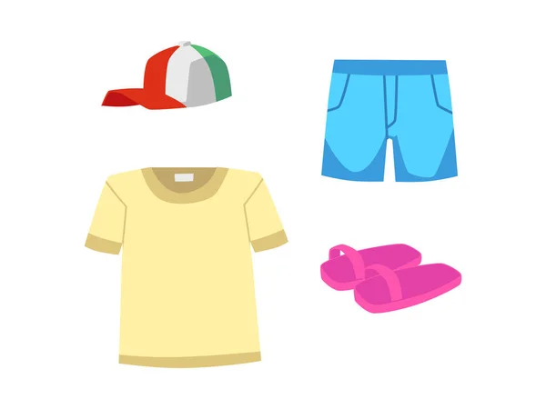 一套儿童服装 夏季风格平平 向量图以白色背景隔离 T恤衫 帽子和翻边 设计元素集合 — 图库矢量图片