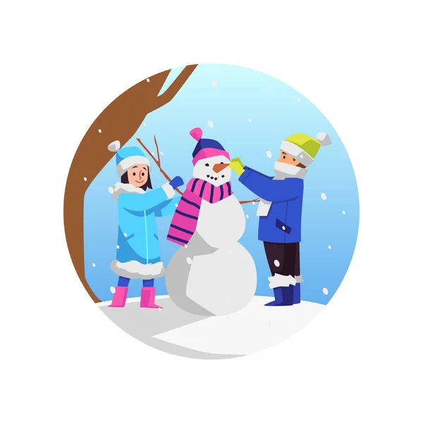 Cure Children Making Snowman Winter Holiday Flat Vector Illustration Isolated — Stock Vector