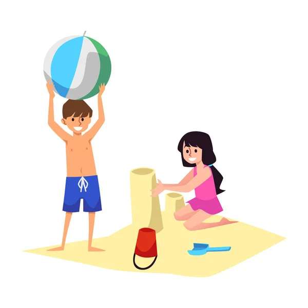 子供たちはビーチで遊んで楽しんでいます 子供たちは砂とボールで遊んで海岸 白い背景に隔離されたフラット漫画ベクトルイラスト — ストックベクタ