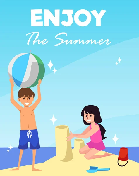 夏季横幅或卡片模型与孩子们一起玩和在海滩上玩乐 平面卡通矢量插图 有儿童特色的海上度假横幅或海报 — 图库矢量图片