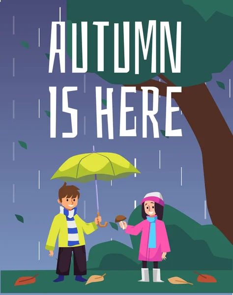 Roztomilý Chlapec Dívka Sbírat Houby Pod Deštěm Podzim Tady Plakát — Stockový vektor