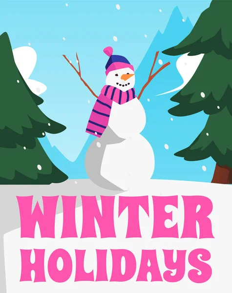 Αφίσα Κάθετη Πανό Χιονάνθρωπο Για Τις Χειμερινές Διακοπές Επίπεδη Στυλ — Διανυσματικό Αρχείο