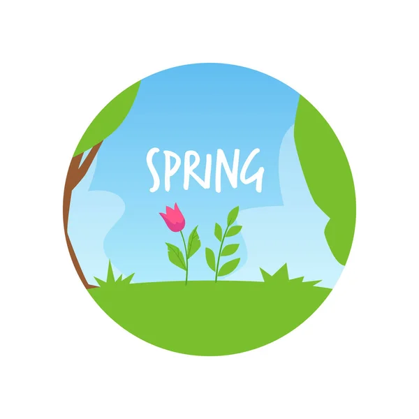春のサークルバナーや風景画 フラットベクトルイラスト白の背景に隔離されたフレーム 春丸型ステッカーまたは装飾的な背景 — ストックベクタ