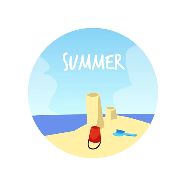 Runde Form Über Die Sommersaison Mit Wasser Und Sandturm Flachen — Stockvektor
