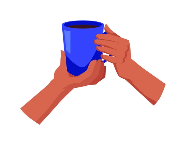 Руки Огромной Чашкой Горячего Напитка Плоские Векторные Иллюстрации Изолированы Белом — стоковый вектор