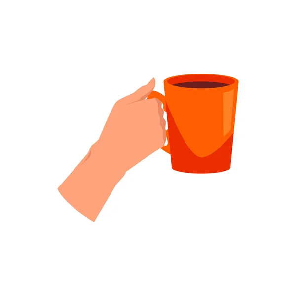 手举一个巨大的陶瓷杯 扁平的矢量图解与白色背景隔离 咖啡或茶加温季节性饮料 — 图库矢量图片