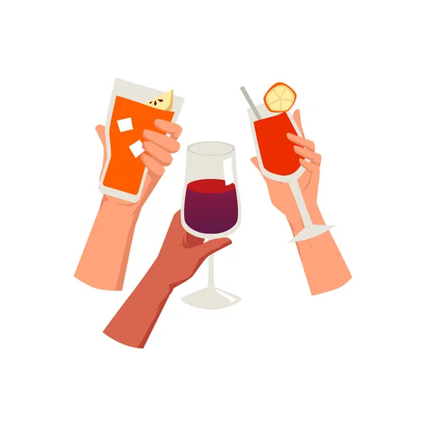 Χέρια Των Ανθρώπων Στο Κόμμα Επευφημίες Και Κλικ Ποτά Αλκοόλ — Διανυσματικό Αρχείο