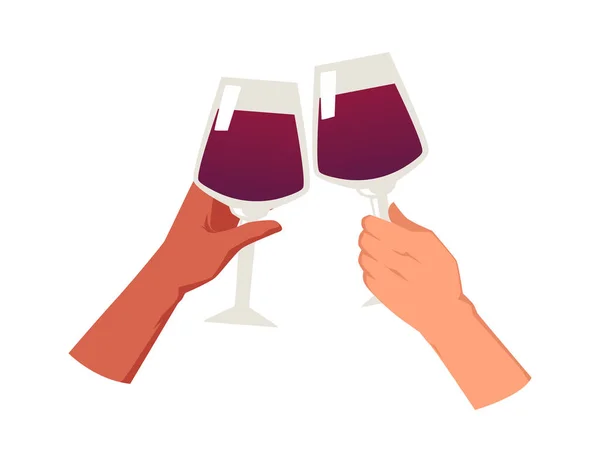 赤ワインのグラスで乾杯 アルコール飲料と厳粛なイベントを祝う人々の手 白の背景に隔離されたフラットベクトルイラスト — ストックベクタ