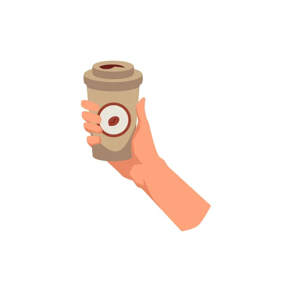 手握咖啡热饮在即弃纸杯中 平面矢量图以白色背景隔离 外卖咖啡及咖啡店标志 — 图库矢量图片