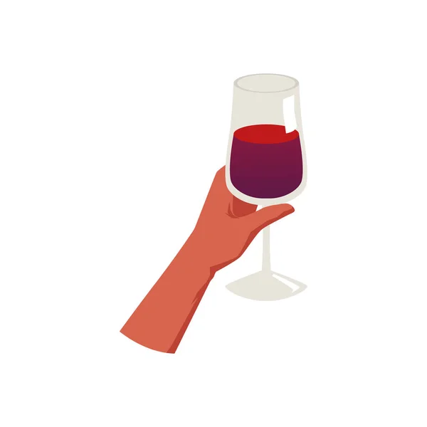 手中拿着一杯红酒 白色背景上的平面矢量图解孤立 手拿着酒杯喝酒 聚会和庆祝的概念 — 图库矢量图片
