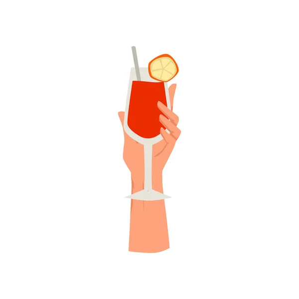 Main Avec Délicieux Cocktail Avec Tranche Pomme Illustration Vectorielle Plate — Image vectorielle