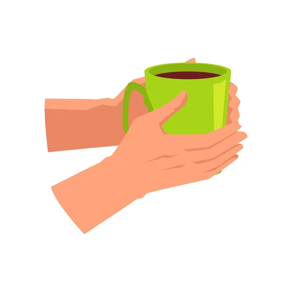 Руки Человека Согревается Кружкой Горячего Напитка Кофе Чай Какао Плоские — стоковый вектор