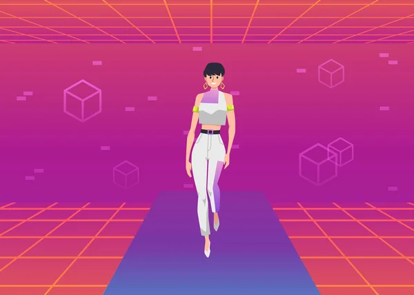 模型在超空间或虚拟现实中走散 平面矢量图解 另类和增强型现实时尚 未来主义技术 妇女在网络空间走秀 — 图库矢量图片