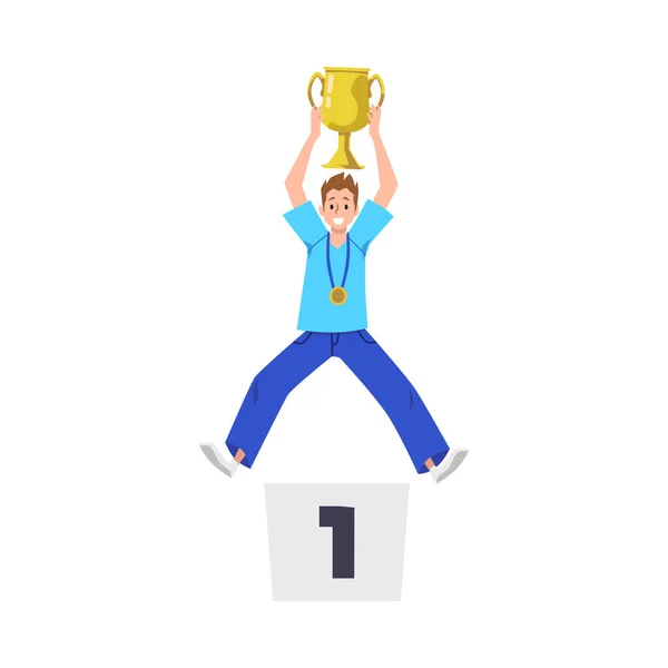 Campeão Homem Vencedor Com Taça Troféu Primeiro Lugar Pedestal Ilustração — Vetor de Stock