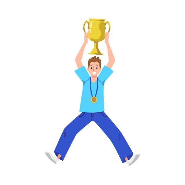 Happy Jumping Young Man Medal Neck Holding Goblet Head Flat — Stock Vector