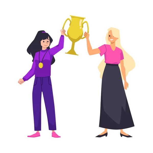 幸せな女性は黄金のトロフィーやカップ チームワークの概念を獲得した フラットベクトルイラスト白の背景に隔離された スポーツ競技に勝つ人々 成功と成果の象徴 — ストックベクタ