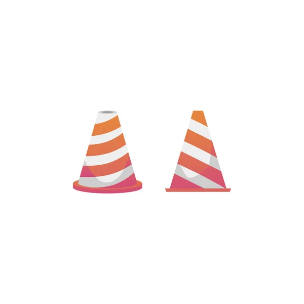 Gestreepte Verkeerskegels Platte Vector Illustratie Geïsoleerd Witte Achtergrond Wegreparatie Verkeersgevarenwaarschuwingsborden — Stockvector