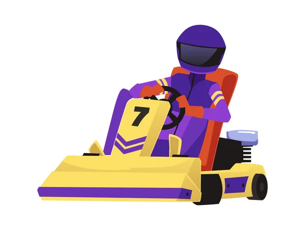 Racer Vezetés Karton Lapos Vektor Illusztráció Elszigetelt Fehér Háttér Kart — Stock Vector