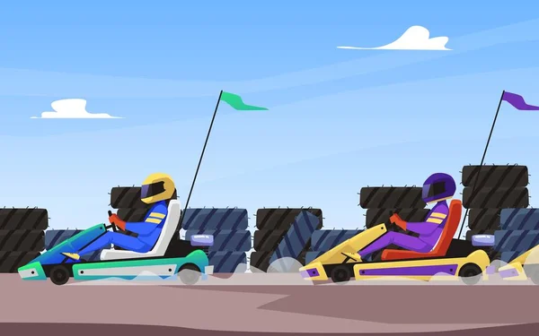 速度卡丁车比赛景观背景 平面矢量图解 带手推车与轮胎护栏竞速的背景设计 — 图库矢量图片