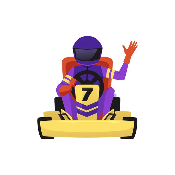 Kart racing driver waving, flat vector illustration isolated on white background. Kart racing club and motorsport emblem. Race speed competition symbol.