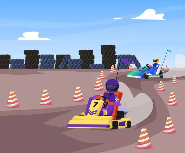 Vitesse Compétition Des Courses Karting Dur Récréatif Illustration Vectorielle Plate — Image vectorielle