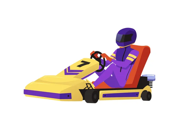 stock vector Kart speed racer sitting in car in suit and helmet, flat vector illustration isolated on white background. Bright image of racer for car competition and motor club.