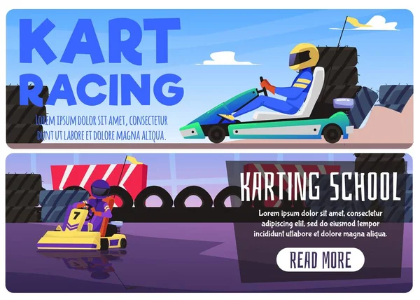 Kart Racing Karting Competition Banners Set Flat Vector Illustration Advertising — Stock Vector