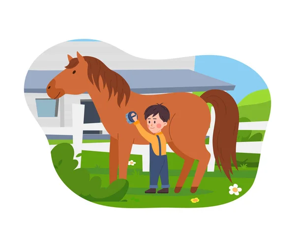 Roztomilý Malý Chlapec Kartáčování Koně Farmě Ploché Vektorové Ilustrace Izolované — Stockový vektor