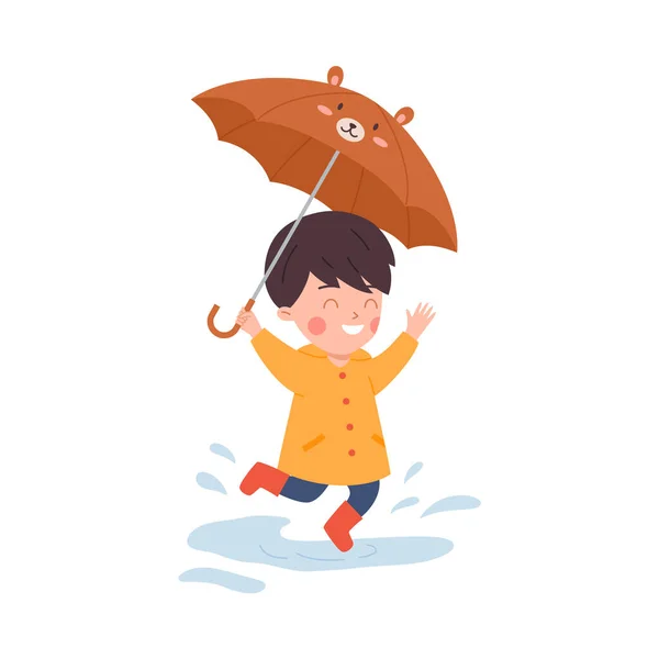 Happy Boy Holding Umbrella Jumping Puddle Cartoon Flat Vector Illustration — Stock Vector