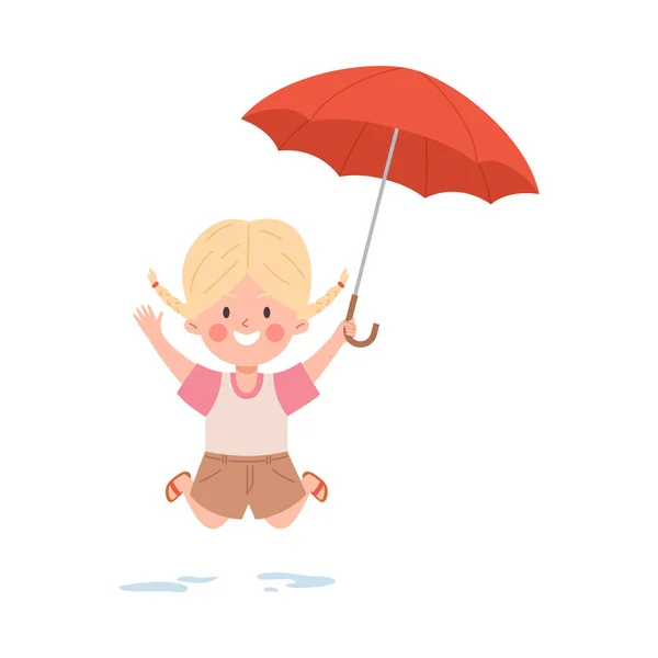 Happy Jumping Little Girl Opened Red Umbrella Flat Style Vector — Stock Vector