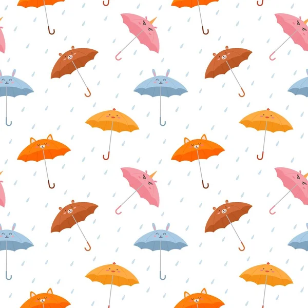 Seamless Pattern Bright Colorful Umbrellas Different Animal Faces Flat Style — Stock Vector