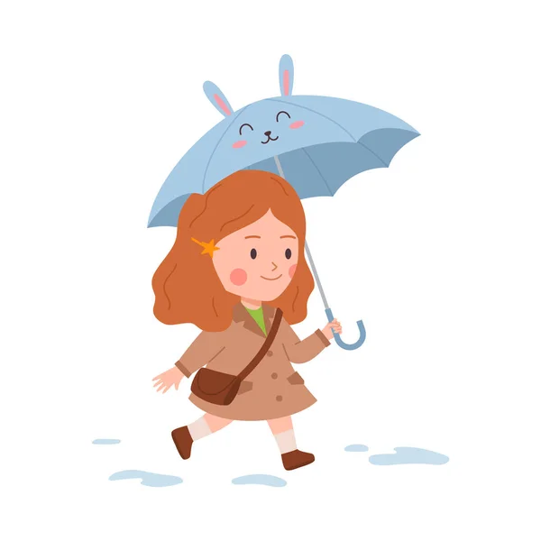 Little Smiling Girl Walking Umbrella Hare Muzzle Ears Flat Style — Stock Vector