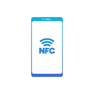 Mobil NFC işlem uygulama işareti, vektör illüstrasyonu beyaz arkaplanda izole edildi. Cep telefonu simgesi veya sembol tasarımı için NFC ödeme teknolojisi.