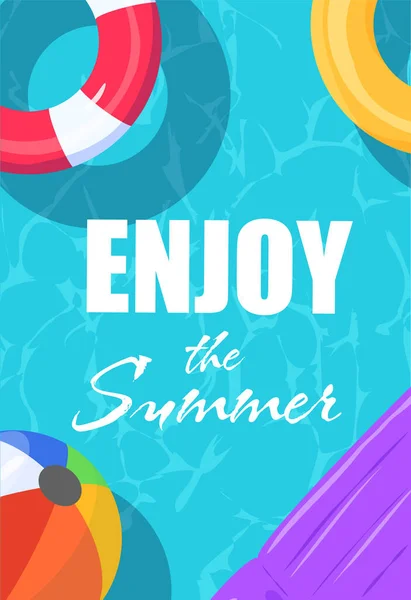 夏季卡片或海报设计 背景为游泳池水 平面矢量图解 享受夏季派对及销售活动的横幅或海报概念 — 图库矢量图片