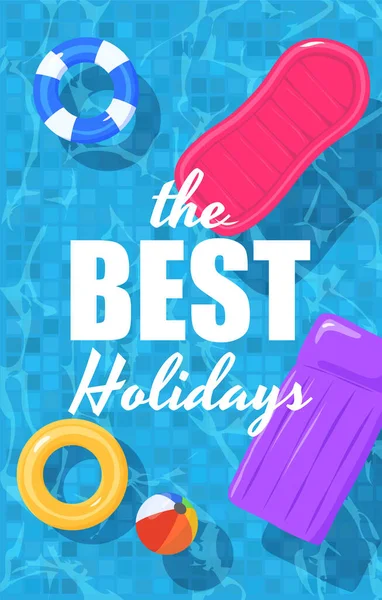 スイミングプール フラットベクトルイラストの澄んだ青い水の上のビューで夏休みのバナーテンプレート 夏休みのためのバナーやポスターのモックアップ — ストックベクタ