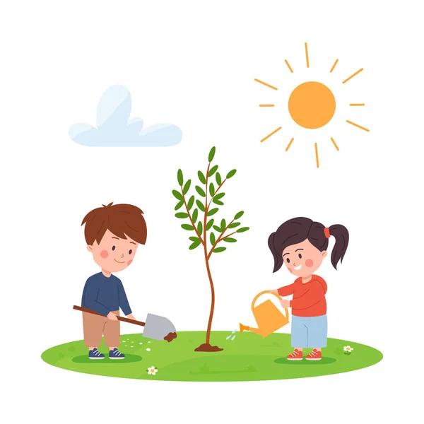 Cartoon Kinder Gartenarbeit Und Pflanzung Baum Flache Vektorillustration Isoliert Auf — Stockvektor