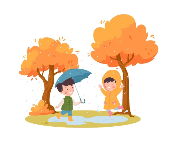 Kinder Spielen Und Freuen Sich Herbst Flache Cartoon Vektor Illustration — Stockvektor