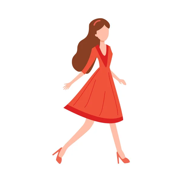Όμορφη Κομψή Νεαρή Γυναίκα Κόκκινο Φόρεμα Επίπεδη Διανυσματική Απεικόνιση Απομονώνονται — Διανυσματικό Αρχείο