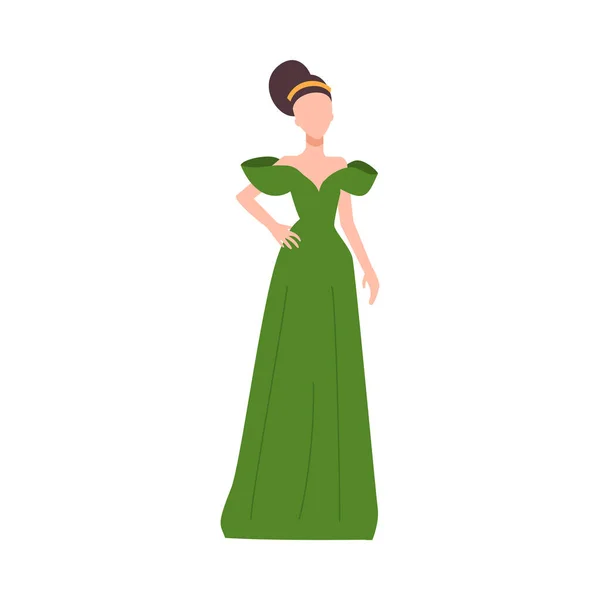 Μόδα Μοντέλο Στέκεται Πλήρες Μήκος Κομψό Πράσινο Φόρεμα Βράδυ Επίπεδη — Διανυσματικό Αρχείο