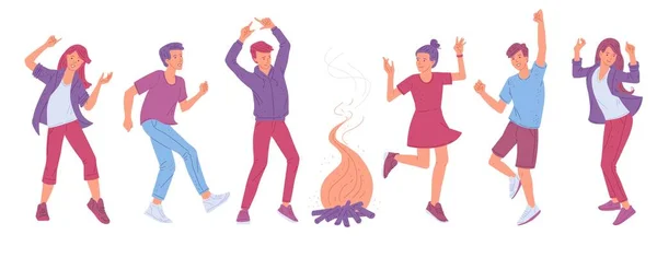 Костры Танцуют Люди Мультяшные Персонажи Группа Молодых Мужчин Женщин Танцуют — стоковый вектор