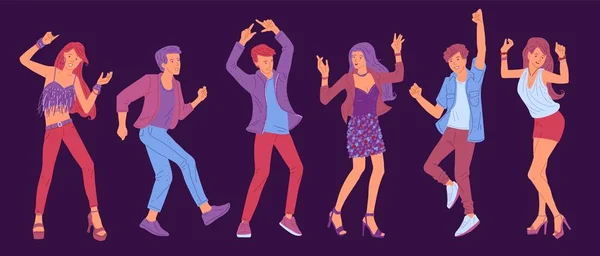 Unga Män Och Kvinnor Dansar Nära Lägerelden Platt Vektor Illustration — Stock vektor